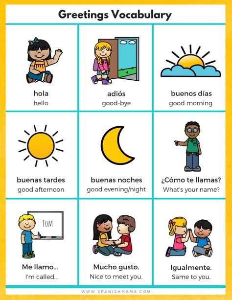 Grab this free Spanish Greetings Poster, to download and use how you like for teaching! This is part of our Spanish for Kids Starter Kit eBook, a free guide to learning beginner Spanish at home as a family. Check it out for Spanish lesson plans, worksheets, printables, games, and activities, all for kids.   #free #spanishposter #spanishworksheets #spanishforkids #spanishlessons #spanishathome #spanishprintables #spanishlessonplans #beginnerspanish #homeschoolspanish #spanishgreetings Language Lesson Plans For Preschool, Spanish Lessons For Kindergarten, Spanish To English Worksheets Free Printable, Spanish Lesson Plans For Preschoolers, Spanish For Kindergarten Free Printable, Learning Spanish Kindergarten, Spanish For Beginners Worksheets, Spanish And English Words, Spanish Preschool Printables