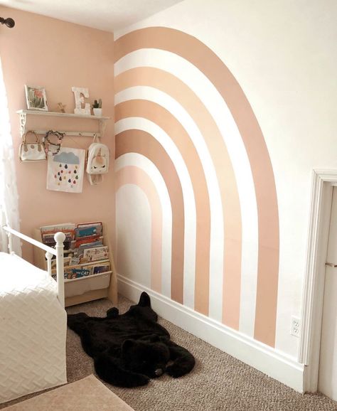 Neutral Rainbow Playroom, Rainbow Closet Door, Accent Shape On Wall, Toddler Girl Bedroom Wall Ideas, Neutral Rainbow Bedroom, Rustic Rainbow Nursery, Diy Boho Rainbow Wall Mural, Pastel Rainbow Accent Wall, Green Color Block Wall