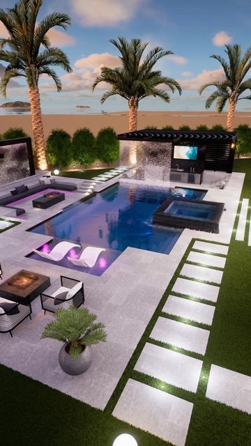 Cute Backyard Ideas With Pool, Contemporary Pool Design Backyard, Backyard Luxury Design, Landscape Pool Design, Modern Pool Backyard Design, Pool Design Ideas Backyards, Swimming Pools Backyard Landscape Ideas, Backyard Inspo Patio With Pool, Backyard Goals Luxury