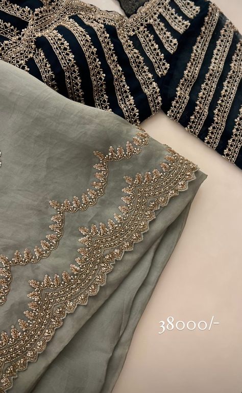 Zardosi Embroidery Dupatta, Handwork Embroidery Design Saree, Khatli Work Saree Design, Embroidery Dupatta Designs Ideas, Handwork Duppata Design, Hand Embroidery Dupatta Design, Hand Work Border Design, Dupatta Designs Ideas Hand Work, Zardozi Embroidery Designs Border