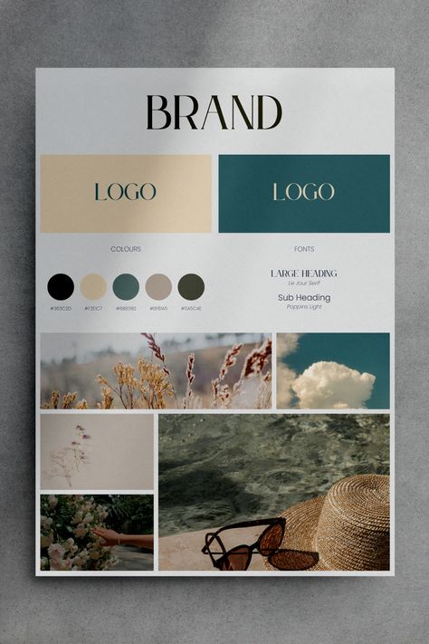 Design a chic and cohesive brand identity with this customizable Canva brand board template, available in A4 and US Letter sizes. Perfect for small businesses, designers, and creatives, this template allows you to effortlessly organize your logo, color palette, fonts, and mood board, helping you create a polished and professional brand. #ChicBrandBoard #CanvaTemplate #CustomBranding #DesignInspiration #EntrepreneurTools Brand Layout Template, Graphic Design Mood Board Layout, Logo Board Design, Color Palette For Portfolio, Mood Boards Graphic Design, Brand Style Sheet, Color Branding Mood Board, Moodboard Template Layout, Brand Inspo Mood Boards