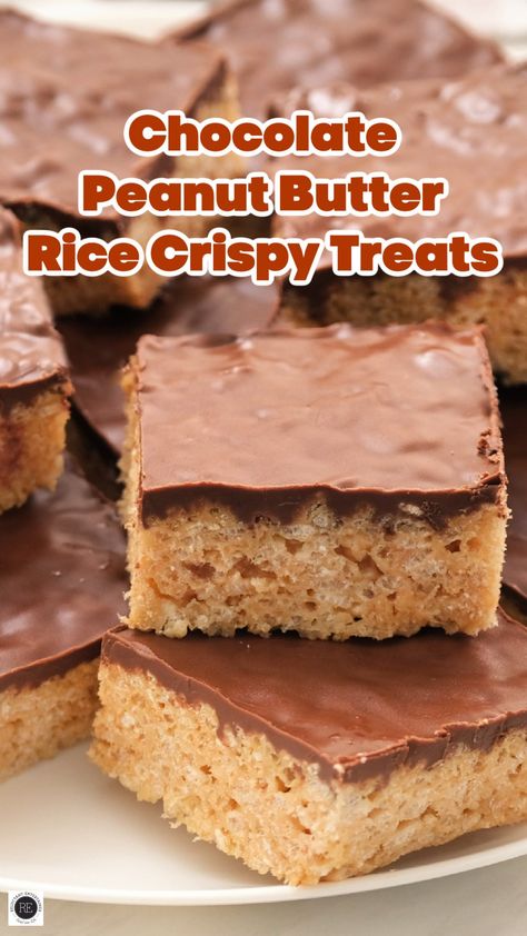 Peanut Butter And Chocolate Rice Crispy Treats, Rice Crispy Treat With Chocolate, Peanut Butter Rice Chex Treats, Chocolate Crunch Bars Rice Krispies, Bars Made With Rice Krispies, Rice Crispy Treats Peanut Butter Chocolate, Chocolate Peanut Butter Rice Crispy, Rice Crispy Treats Recipe Peanut Butter, Peanut Butter Rice Crispy Squares