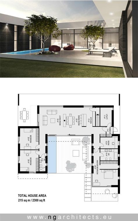 U Shaped House Plans, U Shaped Houses, Arsitektur Masjid, Modern Villa Design, Desain Lanskap, تصميم للمنزل العصري, Villa Plan, House Construction Plan, التصميم الخارجي للمنزل