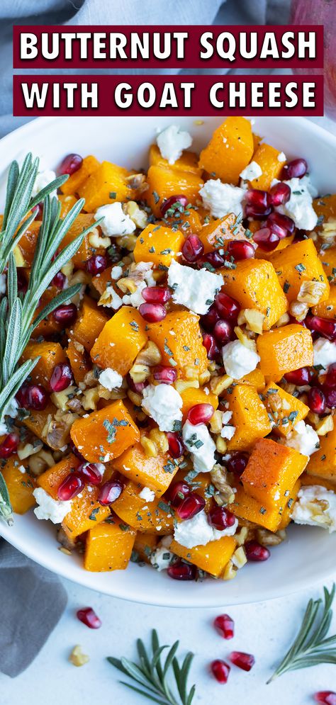 Butternut Squash Goat Cheese Pomegranate, Butternut Squash Christmas Recipes, Crispy Honey Roasted Butternut Squash, Goat Cheese Thanksgiving, Roasted Butternut Squash With Goat Cheese, Roasted Butternut Squash Thanksgiving, Holiday Butternut Squash Recipes, Butternut Squash Goat Cheese Salad, Butternut Squash Recipes Goat Cheese