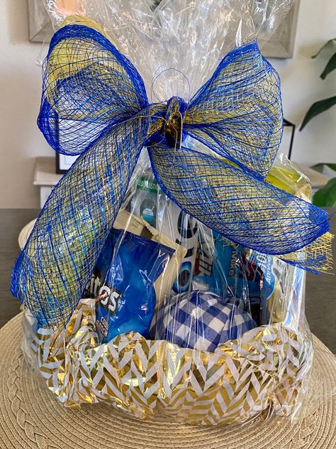 Blue Gift Basket, Gold Basket, Cheer Team, Blue Gift, Gold Gift, Basket Ideas, Senior Year, Goodie Bags, Blue And Gold