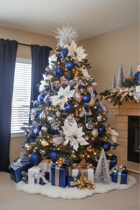 Blue Gold And White Christmas Tree, White Christmas Tree Color Schemes, White And Blue Christmas Tree, Fortnite Christmas, Blue And White Christmas Tree, Christmas Tree Color Schemes, Christmas Tree Colour Scheme, Christmas Tree Blue, Blue Christmas Tree Decorations