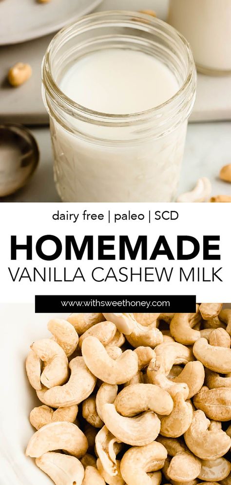 You only need five simple ingredients to make this delicious homemade cashew milk! It's great in coffee, recipes, and on it's own. Find the full recipe on withsweethoney.com! #dairyfree #paleo #nutmilk How To Make Cashew Milk Homemade, How To Make Cashew Milk, Parasite Diet, Diy Cashew Milk, Nut Milk Recipes, Cashew Milk Recipe, Homemade Staples, Nut Milk Recipe, Almond Cow