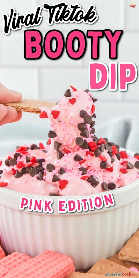 Whip up this quick, irresistible Pink Booty Dip that's perfect for any party or gathering. A creamy, sweet treat that's as fun to make as it is to eat! #CheerfulCook #BootyDip #DessertDip #NoBake #TikTok #easyrecipe Pink Food Charcuterie Board, Pink Out Food Ideas, Color Party Ideas For Adults Pink Food, Pink Birthday Party Treats, Pink Color Board Food, Pink Colored Foods For Party, Dessert Treats For Party, Cute Pink Desserts, Pink Dessert Charcuterie Board