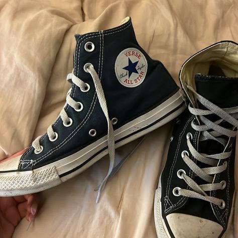 Well Loved But In Amazing Condition And Will Look Brand New With A Good Clean Shoes Inspo Converse, Converse Aesthetic Blue, Soft Grunge Shoes, High Top Converse Shoes, Shoe Inspo Women, Shoes For Women Sneakers & Athletic, Converse Black Aesthetic, Navy Blue Converse Outfit, Beat Up Sneakers