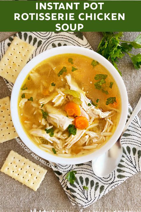 Make Instant Pot Rotisserie Chicken Soup from a roasted chicken carcass and leftover meat. This homemade soup recipe is easy and delicious! Chicken Carcass Soup, Chicken Noodle Soup Rotisserie, Instant Pot Rotisserie Chicken, Leftover Chicken Soup, Roast Chicken Soup, Rotisserie Chicken Recipes Leftover, Rotisserie Chicken Soup, Costco Rotisserie Chicken, Cooking Projects