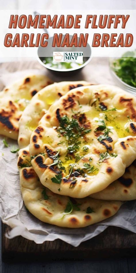 If you've ever tasted Garlic Naan, you know how incredibly delicious this Indian bread can be. Soft, fluffy, and brimming with a rich garlic flavor, it’s no wonder it has become a favorite in Indian cuisine. This Garlic Naan bread recipe can be made right at home, without the need for a tandoor oven, using a simple cast-iron skillet. Easy Garlic Naan Bread, Naan Bread Garlic Toast, Fluffy Naan Bread, How To Make Garlic Naan, Bread Machine Naan Dough, Fast Naan Bread Recipe, How To Make Naan Bread At Home, Indian Naan Recipe, Authentic Naan Bread Recipe