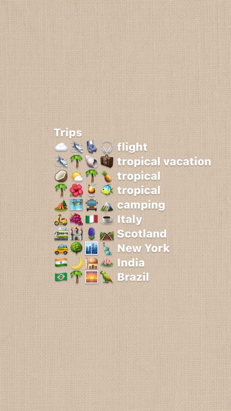 Travel Emoji Instagram, Europe Emoji Combo, Hawaii Emoji Combos, Vacay Emoji Combos, Mountain Emoji Combinations, Camping Emoji Combo, Rainy Day Emoji Combo, Road Trip Emoji Combo, Italy Emoji Combo