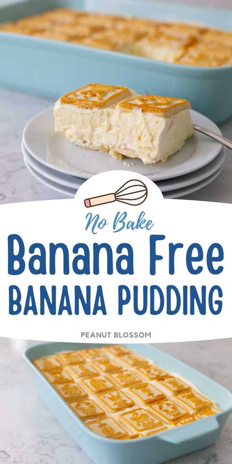 This easy potluck dessert recipe is a classic southern church dessert. While it usually features fresh bananas layered in the creamy pudding mix, this recipe is completely banana free for anyone who has an allergy or strong aversion to banana flavor. Banana Pudding No Bananas, Derby Desserts, Strawberry Banana Pudding Recipe, Southern Potluck, Bbq Deserts, Paula Deen Banana Pudding Recipe, Chessman Banana Pudding, Easy Potluck Desserts, Potluck Recipes Dessert