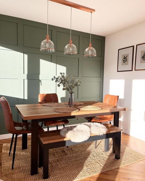 Dining Room Decor Scandinavian, Green Accent Wall Dining Room Kitchen & Dining Tables, Dining Room Decor With Wallpaper, Small Green Dining Room, Green And Cream Dining Room Ideas, Earthy Minimalist Dining Room, Khaki Dining Room, Forest Green Dining Room Walls, Dining Room With Feature Wall