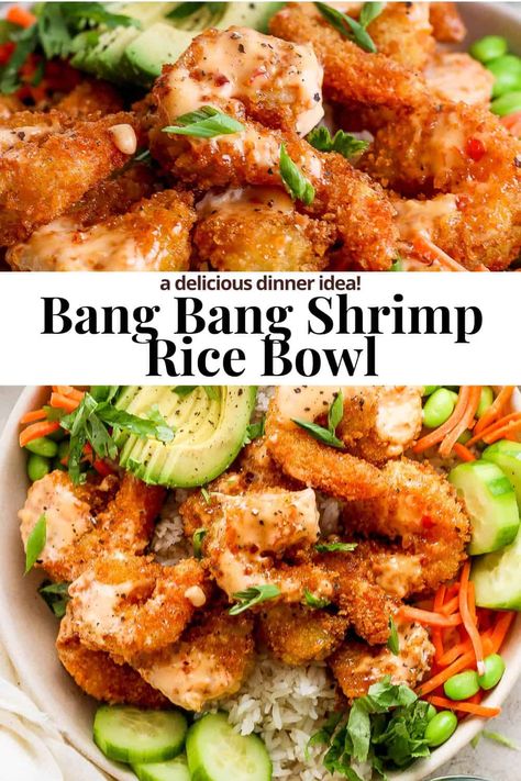 Thai Rice Bowl Recipes, Meals With Popcorn Shrimp, Healthy Bang Bang Sauce, Fried Shrimp Bowl, Recipes With Fried Shrimp, Shrimp Cauliflower Rice Bowl, Cheap Shrimp Meals, Crispy Shrimp Bowl, Asian Shrimp And Rice Recipes