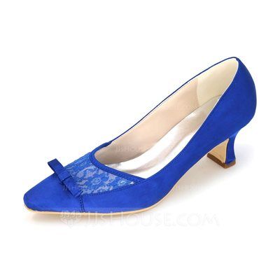 [US$ 49.99] Women's Lace Satin Low Heel Closed Toe With Stitching Lace… Spool Heels, Custom Boots, Spool Heel, Bow Heels, Satin Pumps, Elegant Shoes, Pointed Toe Shoes, Blue Bow, Heels Pumps