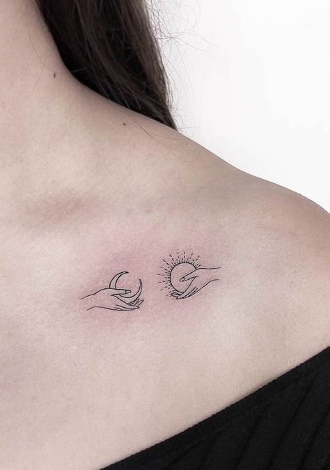 Small Tattoos Moon And Sun, Below Collarbone Tattoo, Collar Bone Tattoo With Meaning, Below The Collar Bone Tattoo, Sun On Collar Bone Tattoo, Cute Bone Tattoo, Pretty Moon Tattoos For Women, Sun Tattoo Ideas For Women Shoulder, Collar Bone Tattoo Sun And Moon