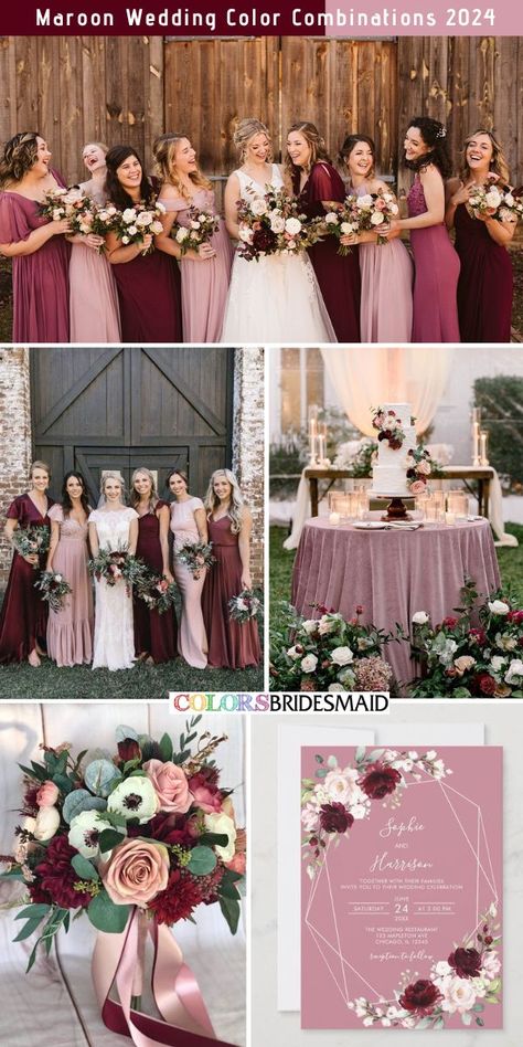 Maroon and dusty rose wedding color combos inspirations for 2024: mismatched bridesmaid dresses of dusty rose and maroon, bridal bouquets of maroon and dusty rose, dusty rose invitations with maroon floral patterns, dusty rose table linens, wedding cakes with maroon and dust rose flowers decorations. #weddingcolors #weddingideas #maroonweddings #colsbm #2024 #bridesmaiddresses #maroonanddustyrose 2024 Wedding Colors, Maroon Wedding Colors, Pink And Burgundy Wedding, Wine Colored Wedding, Dusty Rose Wedding Colors, Top Wedding Colors, Wedding Palettes, Burgundy Wedding Theme, Rose Wedding Theme