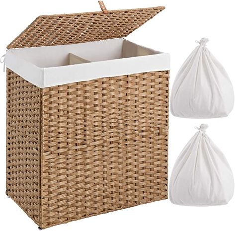 Amazon.com: Greenstell Laundry Hamper with 2 Removable Liner Bags, Divided Clothes Hamper, 110L Handwoven Synthetic Rattan Laundry Basket with Lid and Handles, Foldable & Easy to Install Natural (22x12x24 Inches): Home & Kitchen Divided Laundry Hamper, Rattan Laundry Basket, Hamper With Lid, Double Laundry Hamper, Clothes Dividers, Laundry Basket With Lid, Laundry Hamper With Lid, Basket With Lid, Hamper Storage