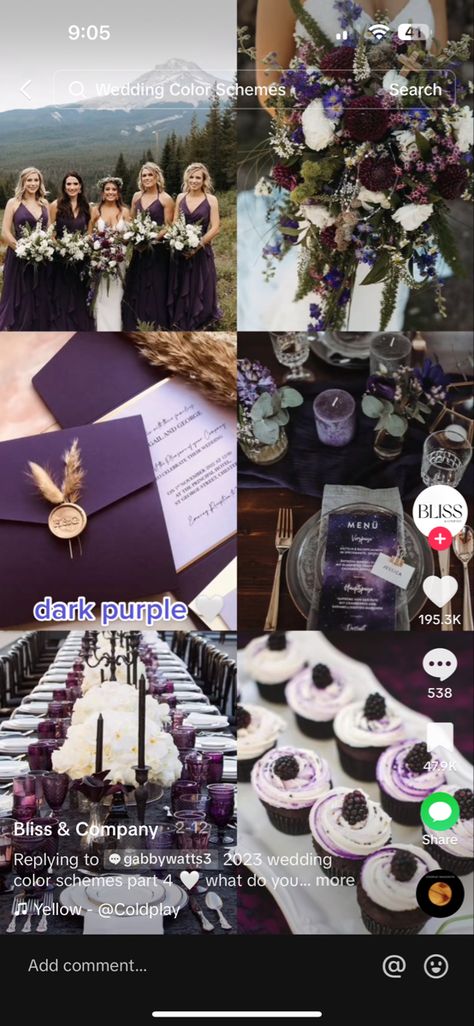 Black Plum Wedding, Dark Purple Wedding Decorations, Purple Black And Blue Wedding, Lavender And Black Wedding Theme, Purple And Black Wedding Theme, Black And Purple Wedding Theme, Moody Purple Wedding, Dark Purple Wedding Theme, Aesthetic Weddings