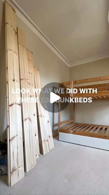 Teen Room Bunk Beds, Upcycle Bunk Bed, Bunk Bed Upgrade, Bunk Bed Divider Wall, Bunk Bed Upcycle, Ikea Mydal Bunk Bed Ideas, Ikea Hacks Bunk Beds, Three Bed Bunk Bed, Three Bunk Beds In One Room