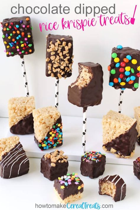 These Chocolate Dipped Rice Krispie Treats elevate an afternoon snack to a decadent dessert that will be perfect to serve at any party. Each chocolate coated marshmallow cereal treat can be served plain or topped with sprinkles, candies, or nuts. Video at HowToMakeCerealTreats.com. #ricekrispietreats #ricecrispytreats #chocolate Choc Dipped Marshmallows, Rice Crispy With Chocolate, Rice Krispie Treat Pops, Dipped Rice Krispie Treats, Chocolate Dipped Rice Krispie Treats, Sweets Business, Dipped Treats, Marshmallow Cereal, Cake Jars