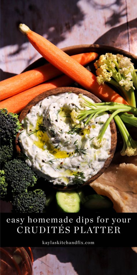 What better way to get in your veggies than arranging them in a beautiful Crudités Platter with Homemade Dips to accompany them? Winter Crudite Platter, Crudite Platter Ideas Dips, Cold Dip Recipes For Veggies, Dip For Crudite, Crudite Dip Recipes, Homemade Dips For Veggies, Dip For Veggie Tray, Crudite Platter Ideas Presentation, Crudite Platter Ideas