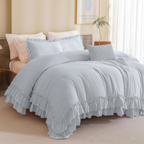 PRICES MAY VARY. 【Luxury Ruffled Comforter Set Queen】 QSH light blue shabby boho chic comforter set queen size for bed brings you a comfortable feeling at your bedding time. Our ruffle bedding comforter sets not only makes the whole bedding look more stylish, but also can enhance the sense of your entire room. It is worth mentioning that our double ruffles are sewn by hand, not by machine. That’s why our comforter set is more delicate than other normal comforters. 【Light Blue Farmhouse Bedding Q Soft Cozy Bed, Grown Up Bedding, Blue And White Toile Bedroom, Comforter King Size, White And Blue Comforter Bedroom, Cute Beds Frames, Southern Bedding Sets, Silky Ruffle Bedding Set, Blue Ruffle Bedding