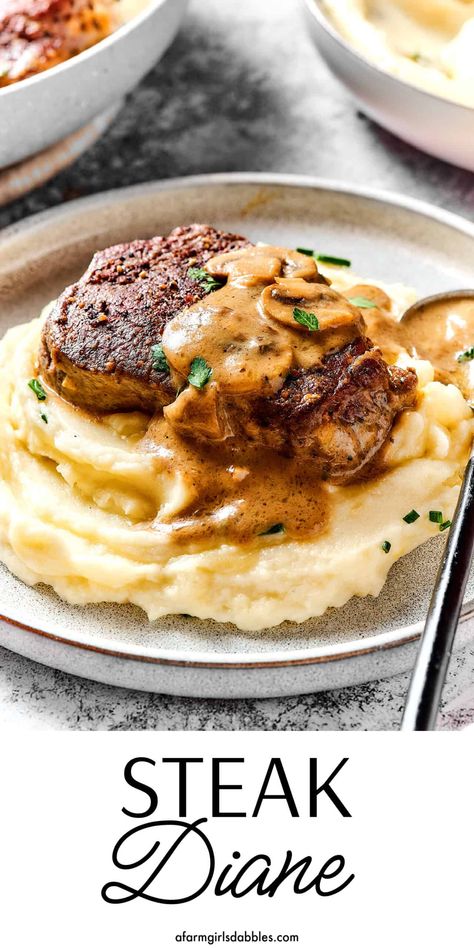 Steak Diane is a classic beef tenderloin recipe with pan-cooked steak in a rich, creamy mushroom sauce. Elegant yet simple, it's perfect for a special occasion or date-night-in, and on the table in just 40 minutes! Pan Cooked Steak, Tenderloin Steak Recipes, Steak Diane Recipe, Béarnaise Sauce, Steak Dinner Recipes, Steak Diane, Beef Tenderloin Recipes, The Best Steak, Beef Filet