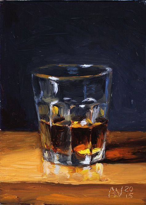 Wine Glass Oil Painting, Oil Paint Still Life, Painting Of Table, Glass Of Wine Painting, Bourbon Painting, Still Life Painting Ideas, Stillife Painting, Glass Oil Painting, Whiskey Still