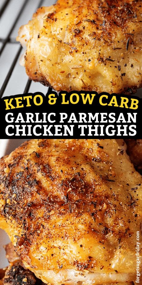 These chicken thighs are bursting with flavor and ready to be paired with your favorite side dishes for a hearty meal! This keto chicken recipe produces chicken thighs that are crispy on the outside and juicy on the inside. Garlic Parmesan Chicken Thighs, Easy Garlic Parmesan Chicken, Parmesan Chicken Thighs, Keto Chicken Thigh Recipes, Ranch Casserole, Chicken Thighs Recipes, Easy Chicken Thigh Recipes, Garlic Chicken Recipes, Low Carb Chicken Recipes