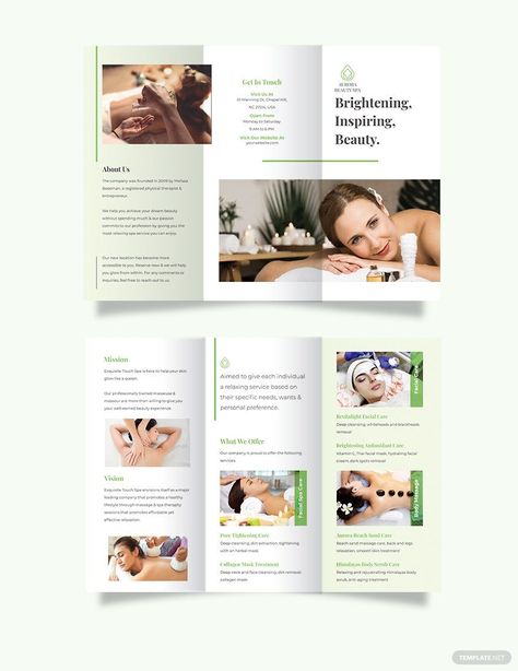 Spa Service Tri-fold Brochure Template Spa Brochure, Canva Editing, Ppt Template Design, Spa Branding, Yearbook Pages, Template Brochure, Trifold Brochure Design, Brochure Template Layout, Design Layouts