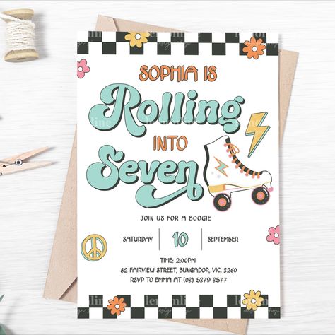 Get ready to roll with our awesome Roller Skate Invitation! This invitation is perfect for an epic 7th birthday party at the rink or at the park. Lace up your skates, gather your crew, and get ready to have a blast on wheels. Don't miss out on the fun—grab your invitation and let's roll into an unforgettable celebration! #rollerskate #rollerskating #partyinvitation #7thbirthdayinvitation Let The Good Times Roll Party Theme, Roller Skate Invitations, Skate Rink, Skate Party, Party Finger Foods, Let The Good Times Roll, Good Times Roll, Roller Skate, Birthday Invite