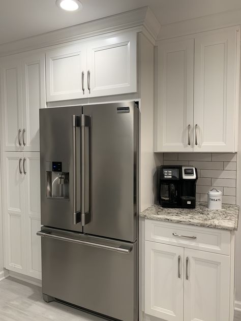 Pantry Wall With Refrigerator And Coffee Bar, Coffee Bar Beside Refrigerator, Wall Pantry With Fridge, Built Around Fridge, Fridge Pantry Combo, Pantry Surrounding Refrigerator, Refrigerator And Coffee Bar, Cabinet Around Refrigerator Ideas, Refrigerator Kitchen Layout