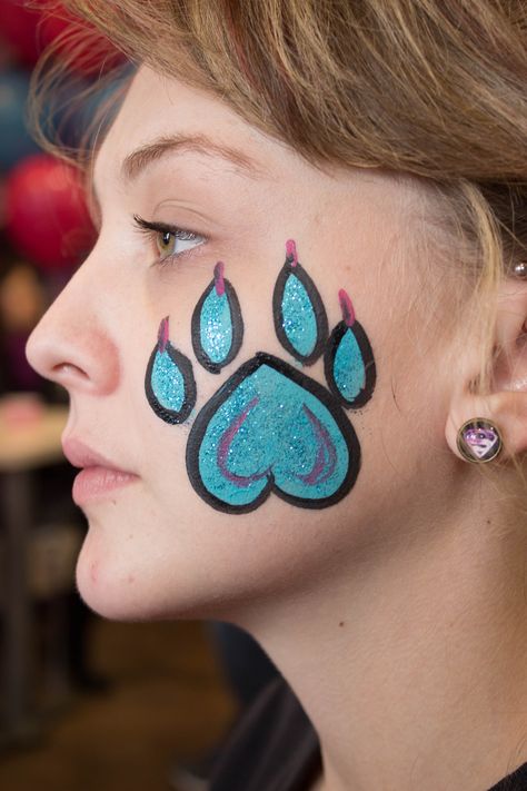 Dog Paw Print Paw Face Paint, Paw Print Face Paint, Dog Face Paint, Puppy Face Paint, Dog Face Paints, Tiger Paw Print, Face Paint Party, Neon Face Paint, Easy Face Painting Designs