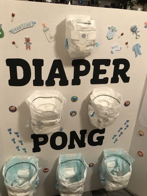 Babyboy Baby Shower Decorations, Male Baby Shower Ideas, Diaper Ping Pong Game, Office Baby Shower Ideas, Diaper Pong Baby Shower Game, Diaper Pong, Baby Shower Games For Boys, Men Baby Shower Games, Hilarious Baby Shower Games