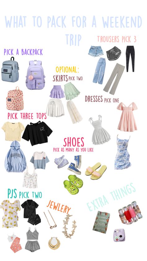 this is just my opinion of what you could take to a weekend trip from what normally pack 🚗🧳 Weekend Trip Packing List Summer, Summer Weekend Trip Outfits, What To Pack For A 3 Day Trip, What To Pack For A Weekend Trip, What To Pack For Weekend Trip, Christmas Packing List, Weekend Trip Outfits, Traveling List, Weekend Trip Packing List