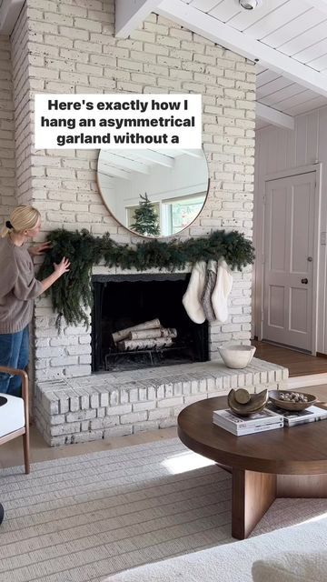 Decor For Non Working Fireplace, Garland With No Mantel, No Mantle Garland, Christmas Garland Without Mantle, Christmas Decor Fireplace No Mantel, Stockings On Fireplace With No Mantle, Christmas No Mantle Fireplace, Garland Above Fireplace, Decorate Fireplace With No Mantle