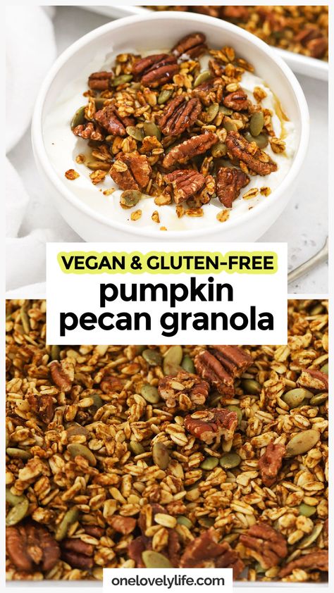 Learn how to make THE BEST Pumpkin Granola with this easy recipe! This Maple Pumpkin Pecan Granola is made from simple, nourishing ingredients and tastes amazing on everything from yogurt and smoothies to chia pudding. It's a perfect fall breakfast! Get this gluten-free pumpkin granola recipe and more healthy homemade granola recipes to try at One Lovely Life Pumpkin Pie Granola, Pumpkin Granola Recipe, Vegan Granola Recipe, Gluten Free Pumpkin Recipes, Pecan Granola, Pumpkin Spice Granola, Pumpkin Granola, Breakfast Homemade, Clean Eating Vegetarian