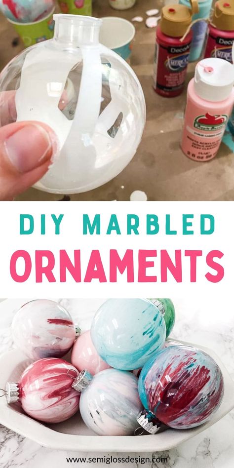 Diy Ornaments Clear Bulb, Swirl Ornaments Diy, Diy Ball Ornaments Kids, Kid Friendly Diy Christmas Ornaments, Pour Paint Ornaments Diy, Paint Poured Ornaments, Make Own Ornaments, Plastic Round Ornament Ideas, Essential Oil Ornaments Diy