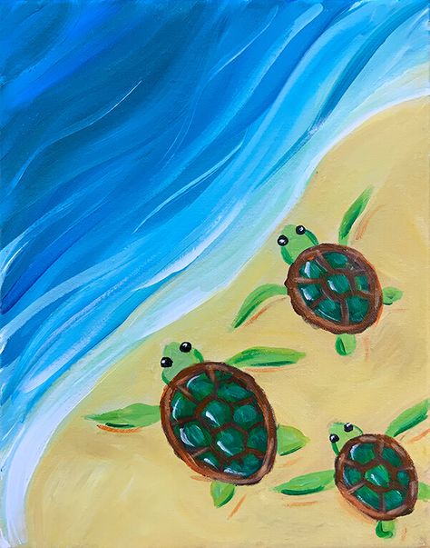 Beach Painting With Turtles, Turtle On Beach Drawing, How To Paint Sea Turtles, Simple Sea Turtle Painting, Paint A Turtle, Summer Beach Painting Ideas, Cute Turtle Painting Easy, Cute Water Paintings Easy, Summer Theme Painting