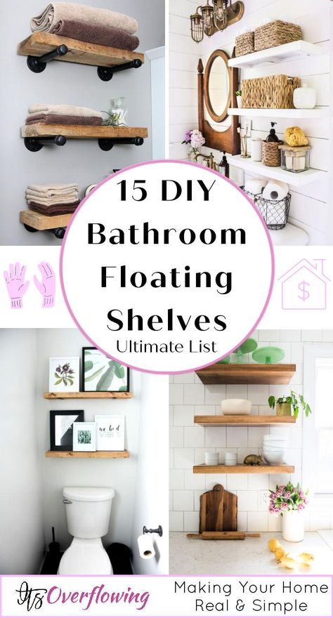 Diy Bathroom Shelves Small Spaces, Floating Shelves For Bathroom Ideas, Floating Shelves In Small Bathroom, Bathroom Shelves Behind Toilet, Floating Shelves Small Bathroom, Small Floating Shelves Bathroom, Bathroom Decor Shelves Shelf Styling, Styling Bathroom Floating Shelves, Bathroom Shelves Diy The Wall