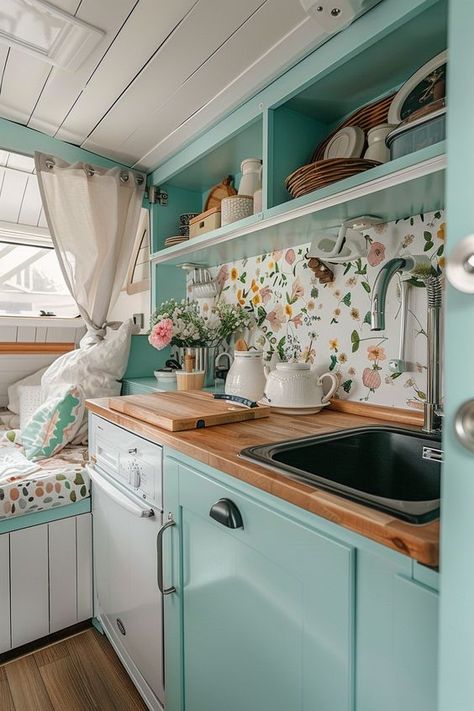 29 Small Camper Interior Desgin Inspirations - TastyInteriors Vintage Caravans Interiors, Small Vintage Camper Interior Ideas, Turquoise Camper Interior, Custom Camper Interior, Mini Camper Interior, Vintage Camper Van Interior, Campervan Decoration Ideas, Tiny Camper Interior Ideas, Vintage Camper Remodel Ideas