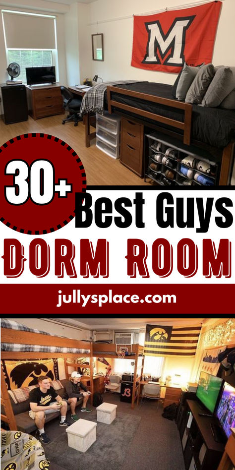 guys dorm room Athlete Dorm Room, Guy Dorm Rooms Decorations, Dorm Boys College, Nerd Dorm Room, Dorm Room Boys Ideas, College Room Decor For Guys, Dorm Room Guys Ideas, Gaming Dorm Room, Dorm Rooms Boys