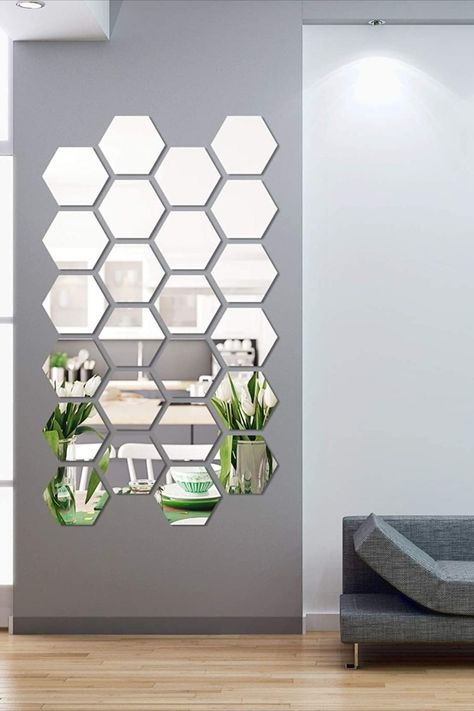 Hexagon Mirror Wall Decor, 3d Mirror Wall Stickers, Home Stickers, Hexagon Mirror, Interior Design Per La Casa, Mirror Decal, Mirror Design Wall, Mirror Surface, Mirror Stickers