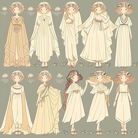 Greek Royalty Clothing, Ancient Clothes Drawing, Ancient Greek Clothing Drawing, Greek Fantasy Outfit, Greek Dress Drawing, Goddess Oc Design, Ancient Greek Dress Goddesses, Greek Outfit Ideas Goddesses, Ancient Greek Outfit