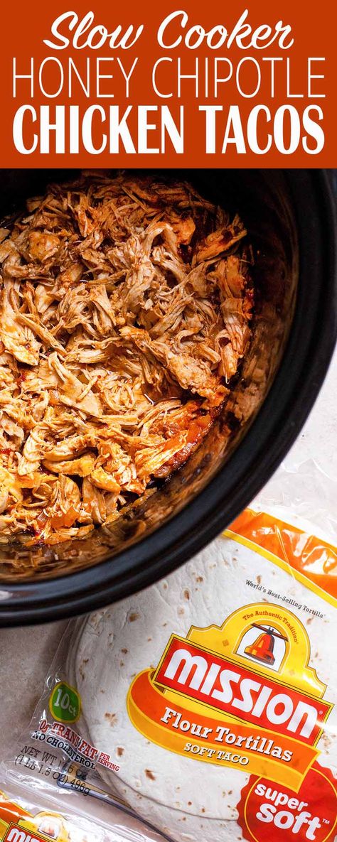 Who wants tacos?! These slow cooker chipotle chicken tacos are perfect for Game Day parties + weeknight dinners – especially when served with Mission Super Soft Flour Tortillas! (This #sponsored recipe developed in partnership with Mission Foods) #missionfoods #gameday #gamedayparty #slowcooker #crockpot #chickentacos #tacos Honey Mexican Chicken, Game Day Tacos, Crock Pot Taco Recipes, Honey Chipotle Tacos, Gameday Food Crockpot, Chipotle Chicken In Crockpot, Crockpot Tacos Chicken, Hot Honey Chicken Tacos, Chipotle Chicken Crockpot