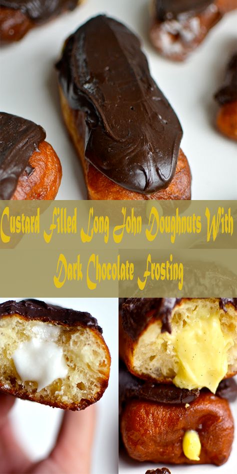 Custard Filled Long John Doughnuts With Dark Chocolate Frosting — DELICIOUSLY COOKING - DELICIOUSLY COOKING Custard Filled Long John Donut Recipe, How To Make Cream Filled Long Johns, Homemade Long John Donut Recipe, Filled Long John Donut Recipe, Homemade Long John Donut, Long Johns Donuts Recipe, Cream Filled Long John Donut Recipe, Long John Donut Recipe, Long John Doughnut Recipe