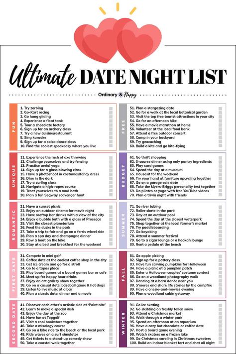 Date Ideas - The Ultimate Date Night Ideas List Date Night Checklist, Plan A Date Night For Him, Cute Dating Ideas, 222 Date Idea, Date Night List Ideas, Date Ideas That Start With A, Date Ideas For Birthday, Types Of Dates For Couples, Mystery Date Ideas