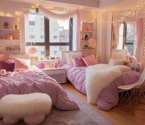 Y’all Have Set the Bar Too High on These Dorm Rooms Dorm Room Luxury, Best Friend Dorm Room Ideas, Pink And Grey Dorm Room Ideas, 3 Person Dorm Room Layout, Sister Shared Bedroom Ideas, Room Ideas For Two Sisters, Dorm Room Ideas Pink, Pink Dorm Room Ideas, Pink Dorm Decor